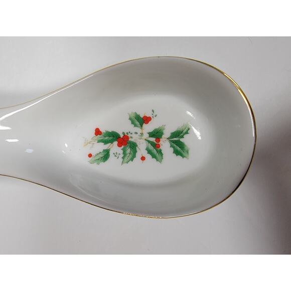 VTG Holly and Berry Spoon Rest White Porcelain Ceramic Gold Trim - Picture 2 of 7